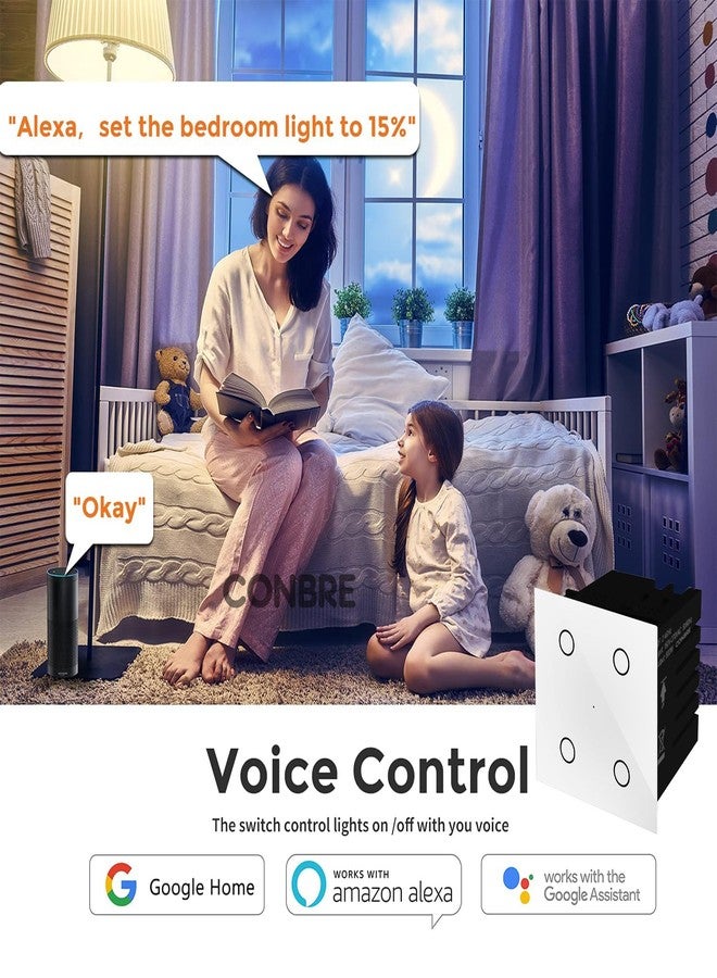Conbre مفتاح CONBRE SW4 الذكي بتقنية Wi-Fi، رباعي الأزرار، يعمل باللمس، لأتمتة المنزل، ومراقبة استهلاك الطاقة، والتحكم عن بُعد | مناسب للمراوح، والإضاءة، ومقابس 10 أمبير | متوافق مع Alexa، ومساعد جوجل، وSiri (أبيض) - Image 5